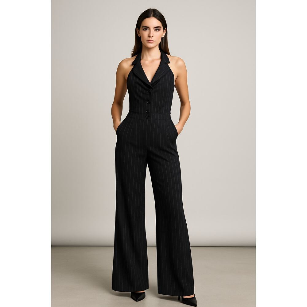 Bisou Bisou Michele Bohbot Black Pinstripe Wide-Leg Halter Jumpsuit Size Large